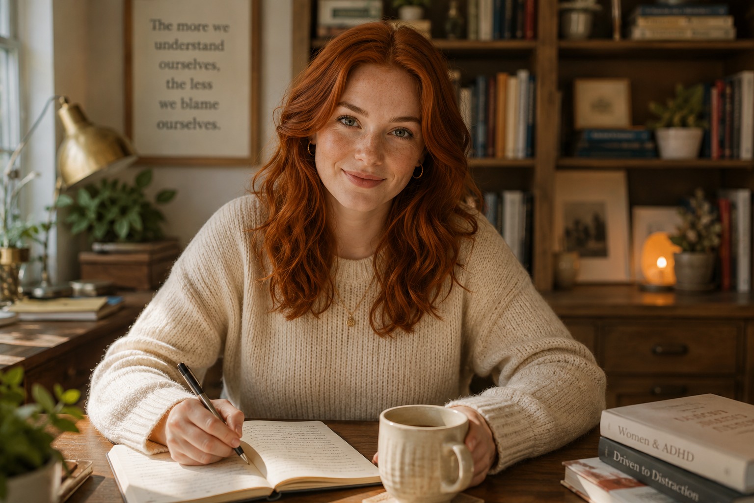Emma writing at her desk
